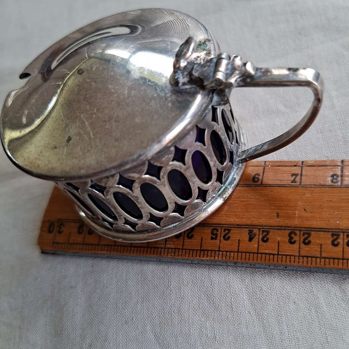 Silver plate mustard pot with original glass inner
