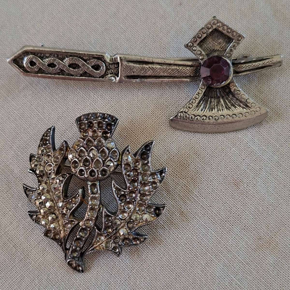 Silver tone Celtic Axe and Thistle brooch