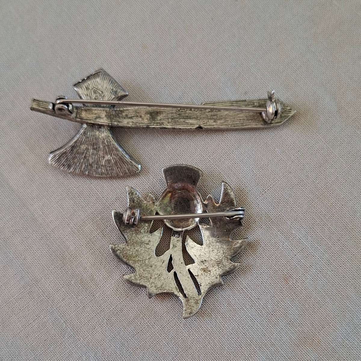 Silver tone Celtic Axe and Thistle brooch