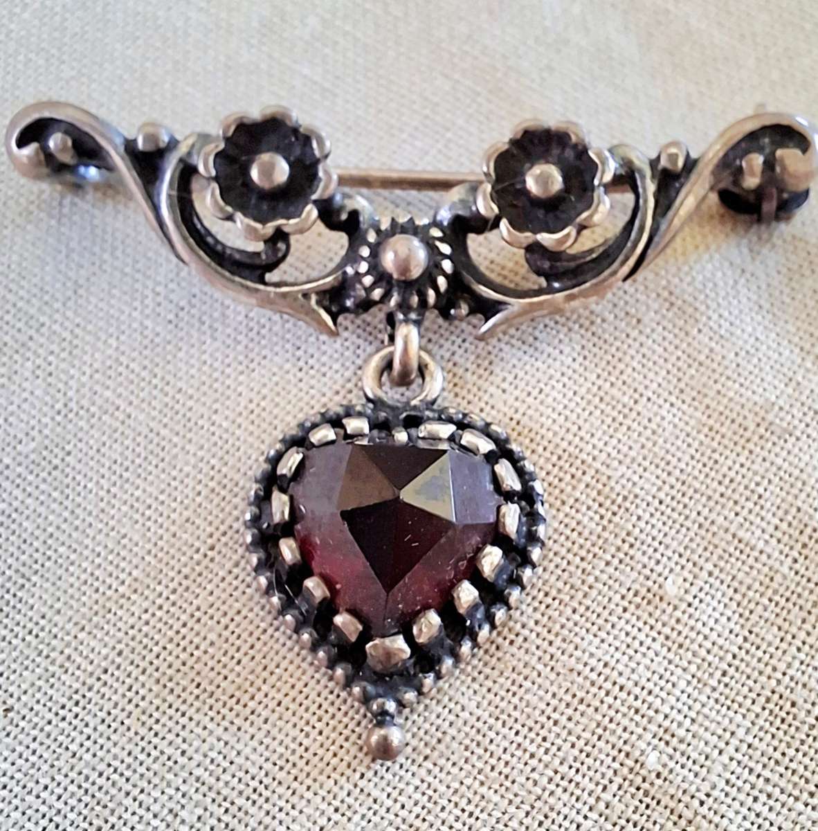 German silver and garnet? heart brooch 925 and 935 silver