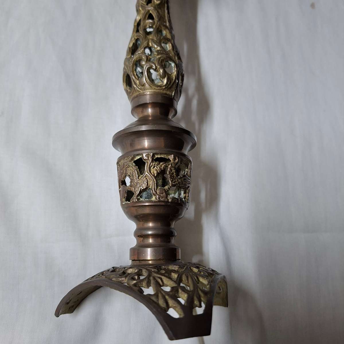 Brass candle stick - filigree ornate approx 30 cms tall