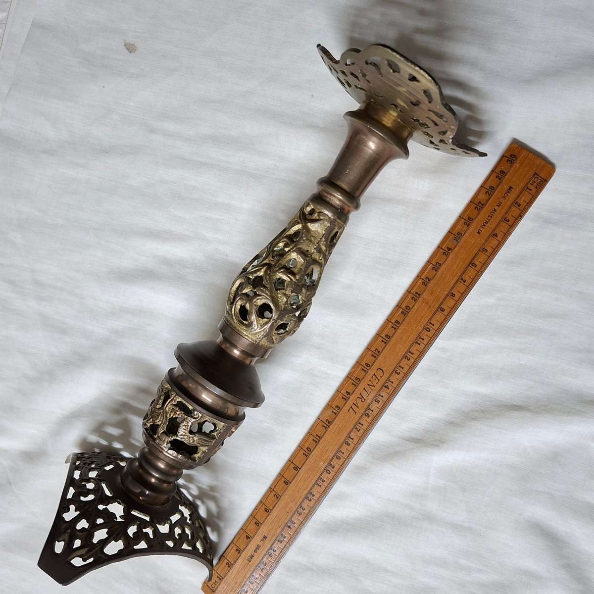 Brass candle stick - filigree ornate approx 30 cms tall