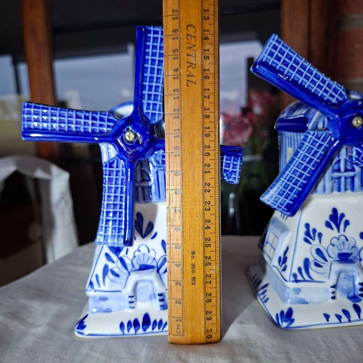 Blue Delft - 2 ceramic dutch windmills - handpainted 17 cms to top of blades