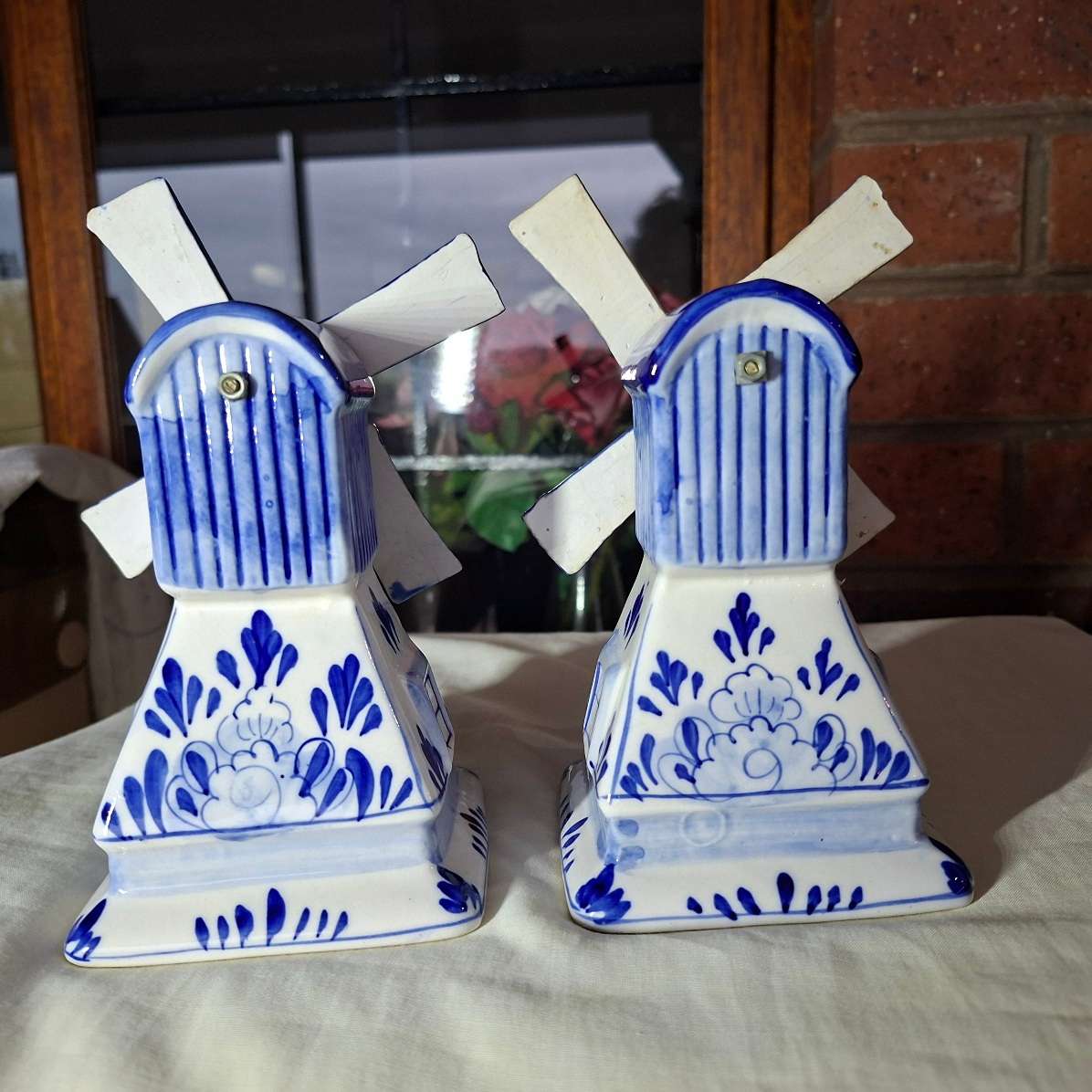 Blue Delft - 2 ceramic dutch windmills - handpainted 17 cms to top of blades