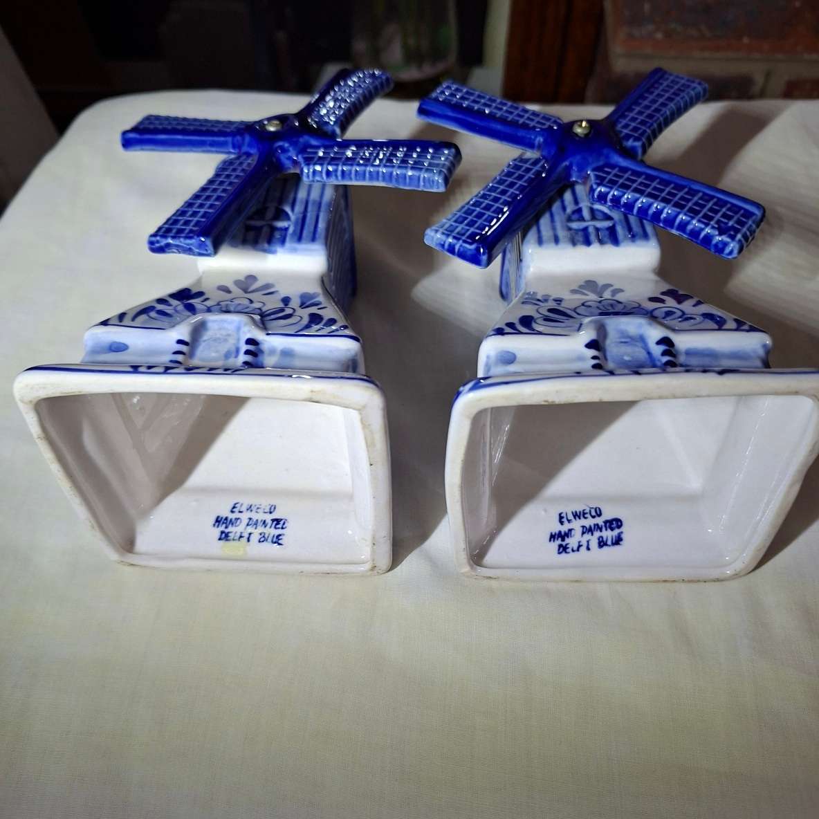 Blue Delft - 2 ceramic dutch windmills - handpainted 17 cms to top of blades