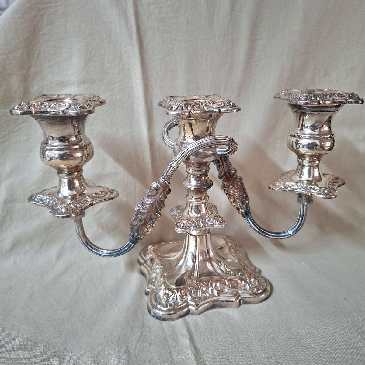 3 candle Candelabra Sheffield silver plate on copper