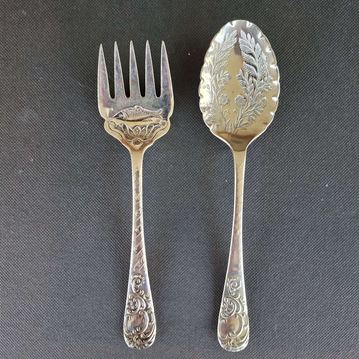 Jam Sugar spoon and sardine fork silver plate ornate with fish and floral designs 14 to 15 cms - ...