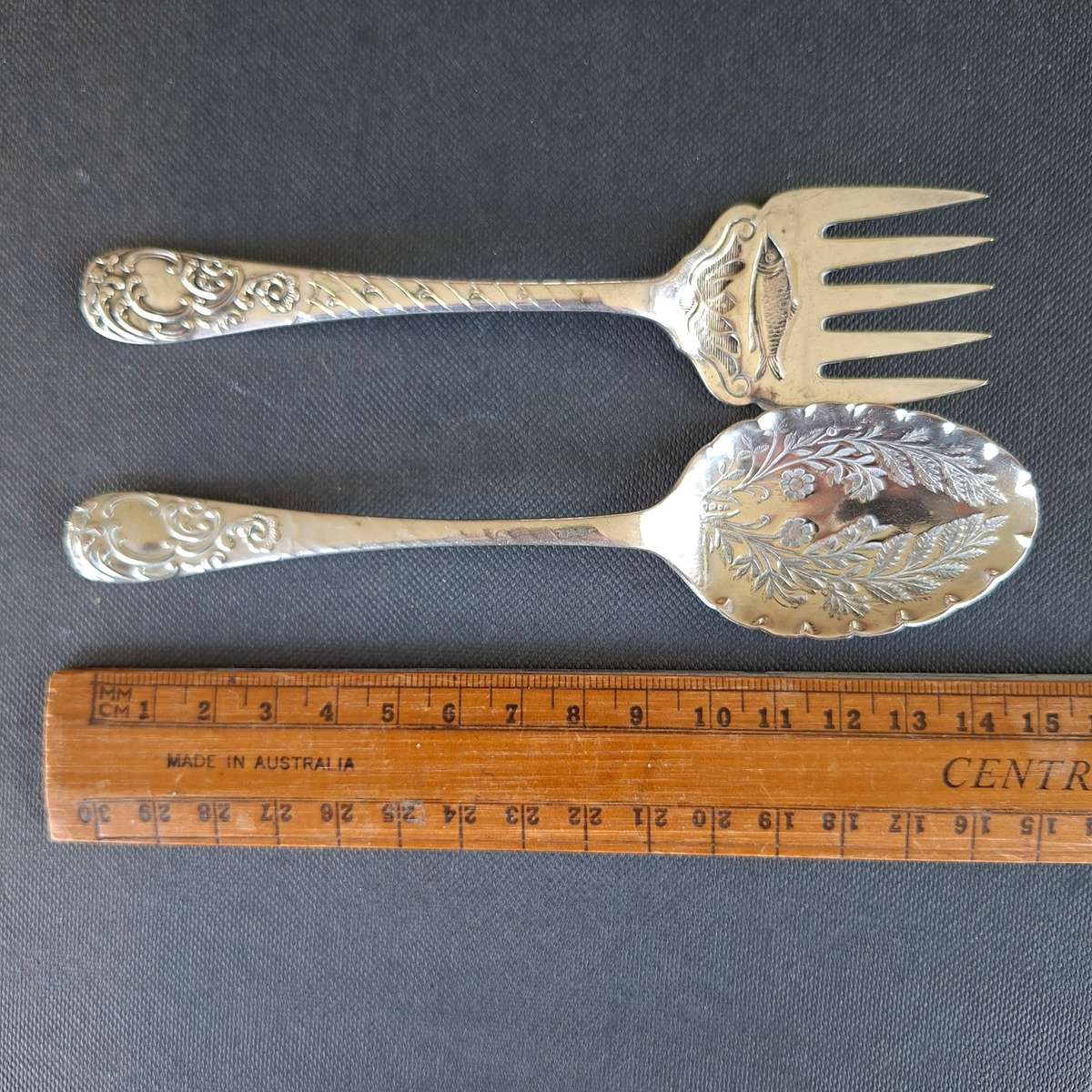 Jam Sugar spoon and sardine fork silver plate ornate with fish and floral designs 14 to 15 cms - ...