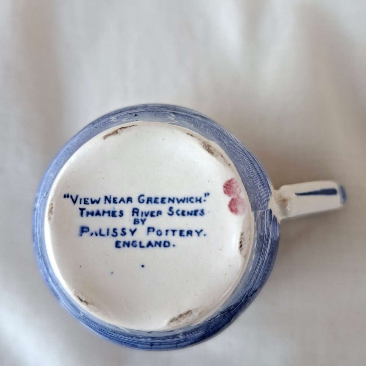 4 Coffee Cups and saucers Palissy Pottery blue and white scene -