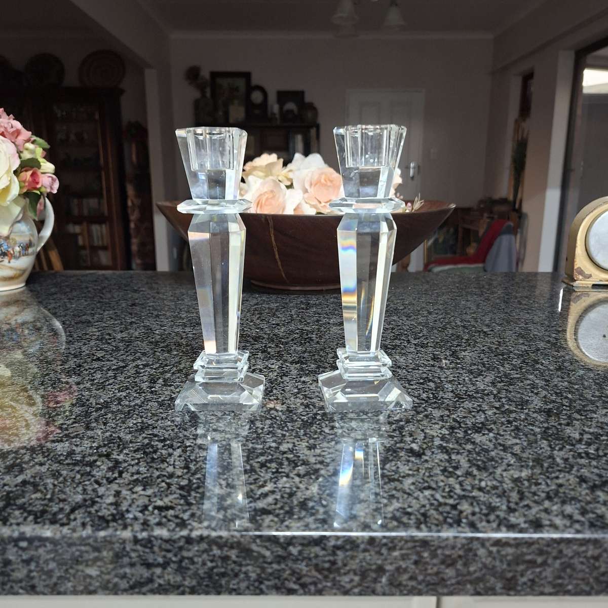 2 solid Crystal Candle holders - faceted.  18 cms tall -.