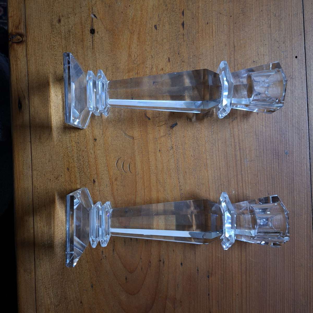 2 solid Crystal Candle holders - faceted.  18 cms tall -.