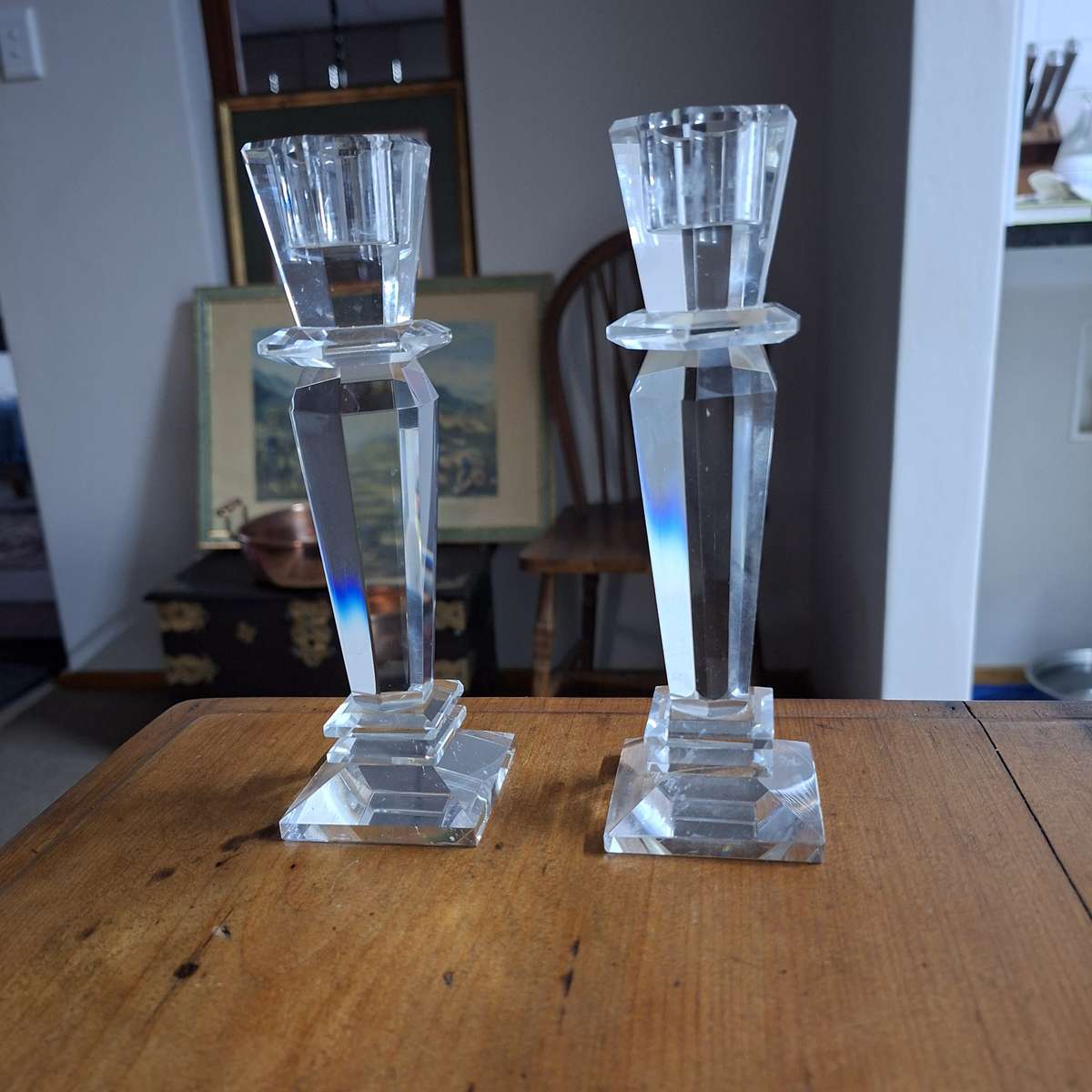 2 solid Crystal Candle holders - faceted.  18 cms tall -.