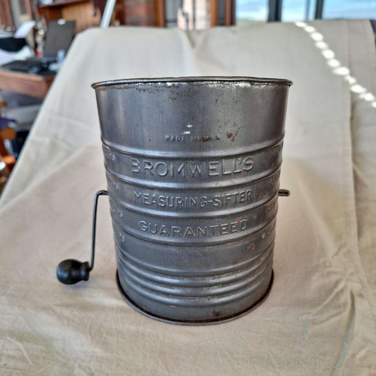 Kitchenalia - flour / meal sieve (Bromwell's) 16 x 13 cms plus boston bread tin -17 cms
