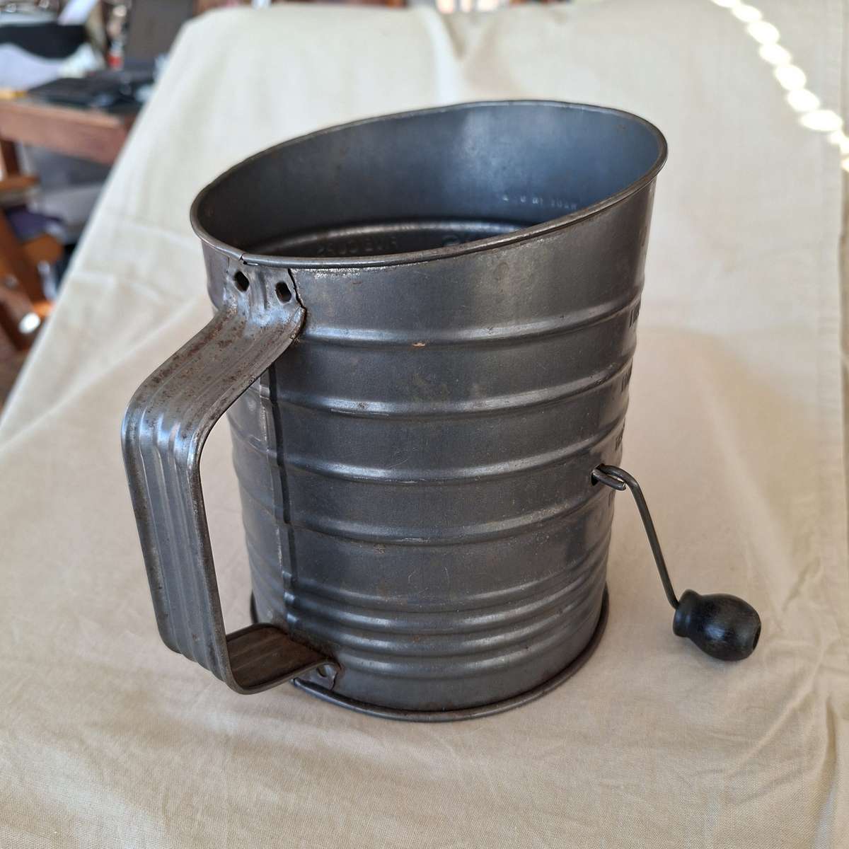 Kitchenalia - flour / meal sieve (Bromwell's) 16 x 13 cms plus boston bread tin -17 cms