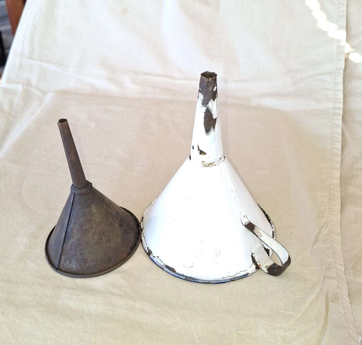 Kitchenalia 1 Enamel and 1 metal funnel- vintage