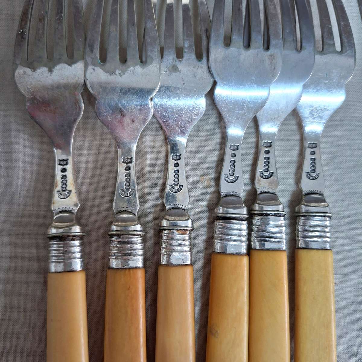 12 Fish knives and forks Silver hallmarked collars - bone or ivorine handles - etched