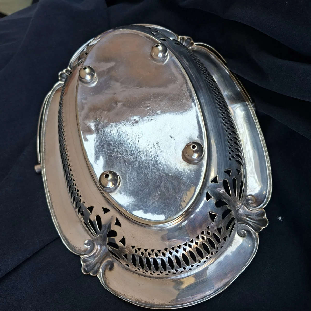 Silver electro plate pressed basket with handle.  Fruit biscuits bread.  Open work gallery rim