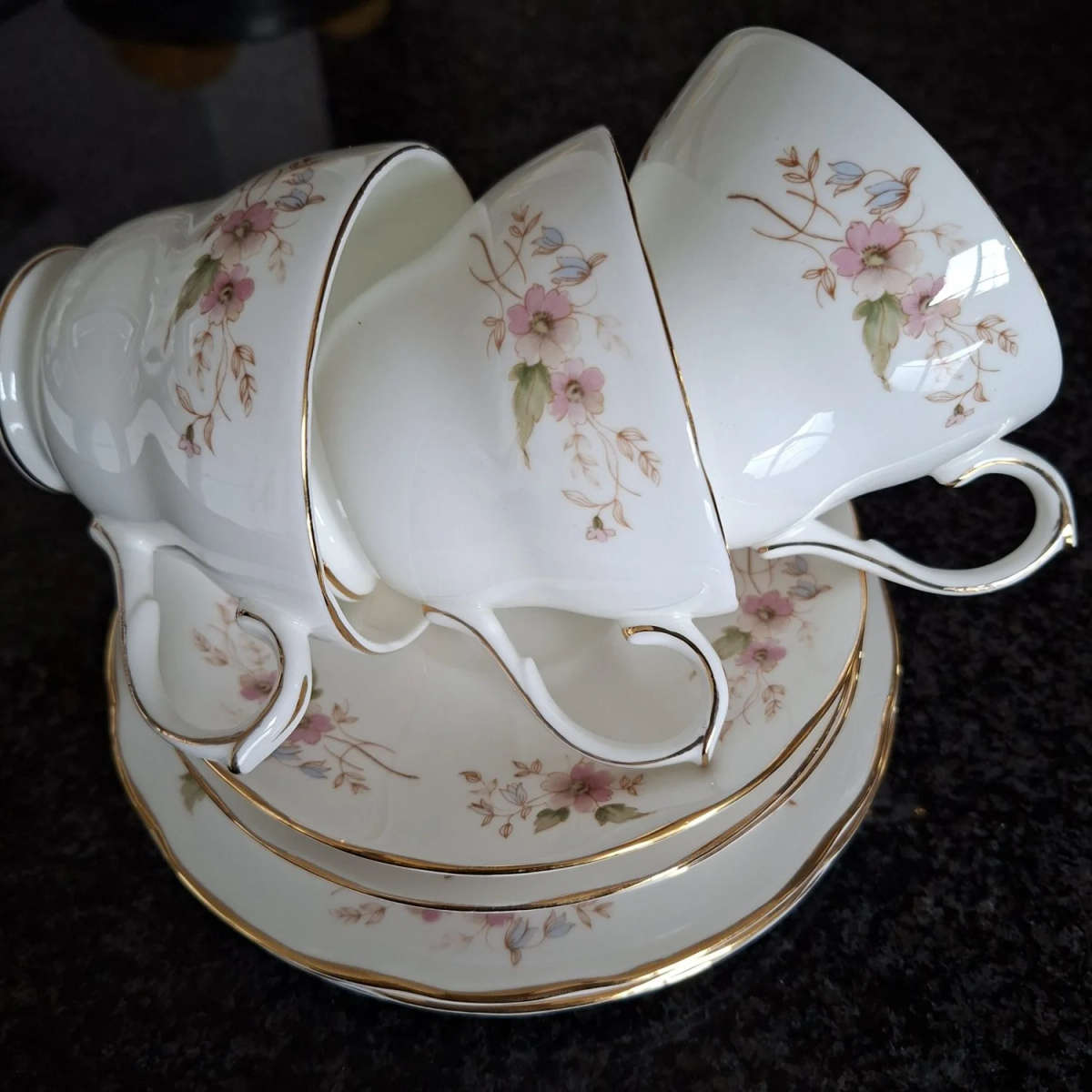 3 Dutchess tea trios "Glen" pattern.  Replacement porcelain.   Part Tea set.