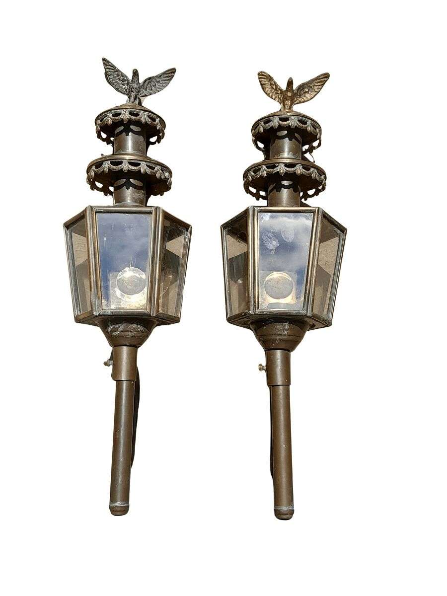 A 19th Century  Victorian Pair of Brass Carriage Lanterns with Eagles 