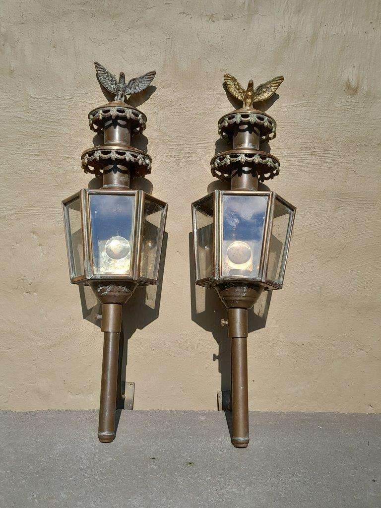 A 19th Century  Victorian Pair of Brass Carriage Lanterns with Eagles 