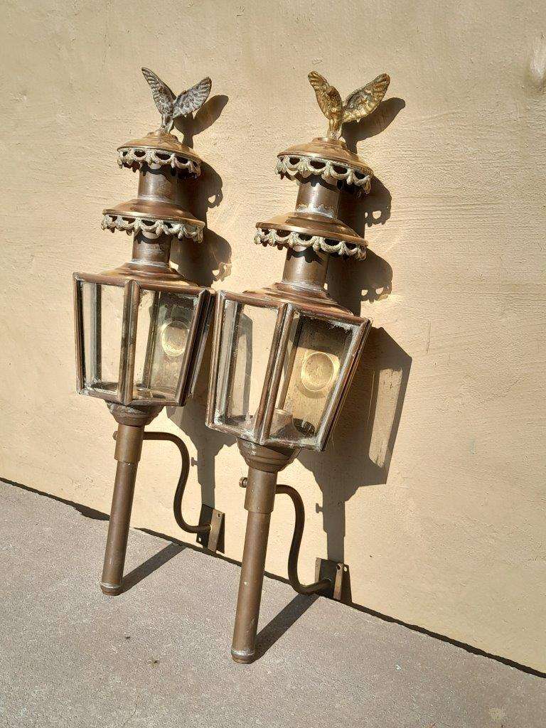 A 19th Century  Victorian Pair of Brass Carriage Lanterns with Eagles 