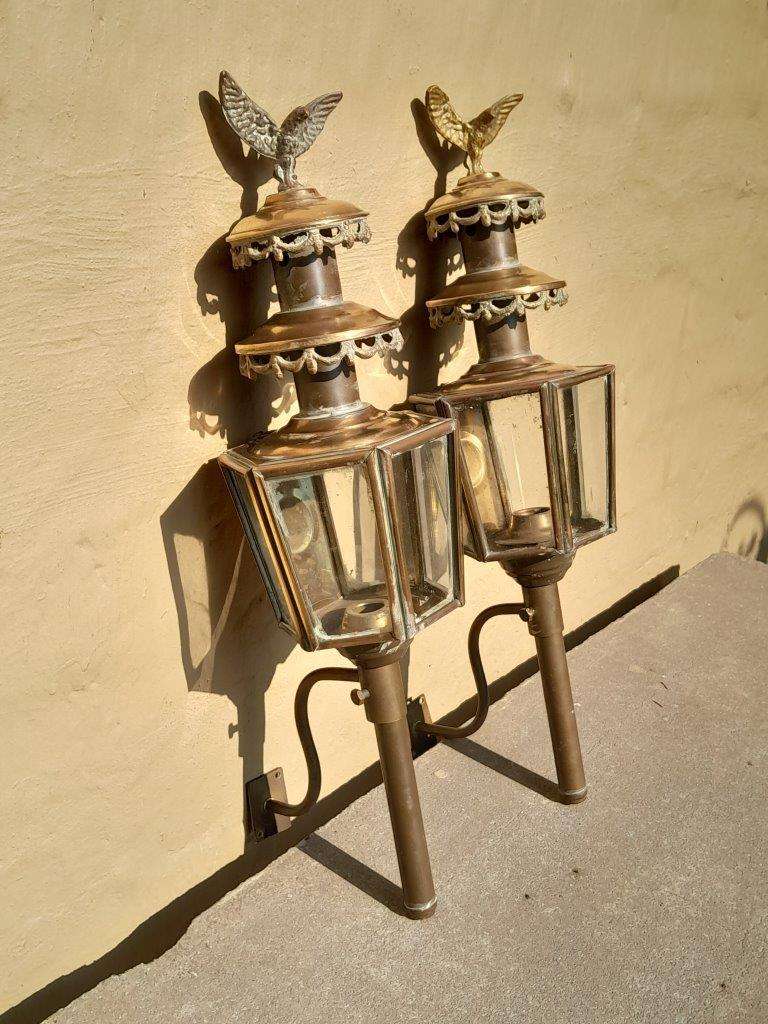 A 19th Century  Victorian Pair of Brass Carriage Lanterns with Eagles 