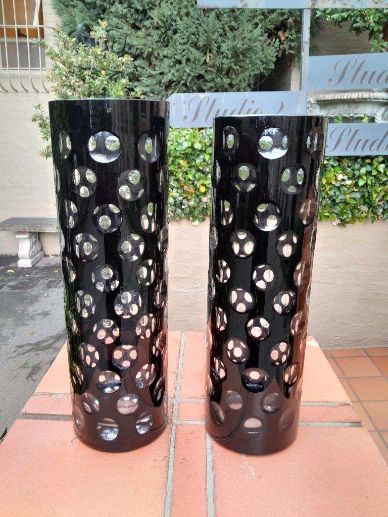A Pair of Hand Blown Black / Clear Dot Vases
