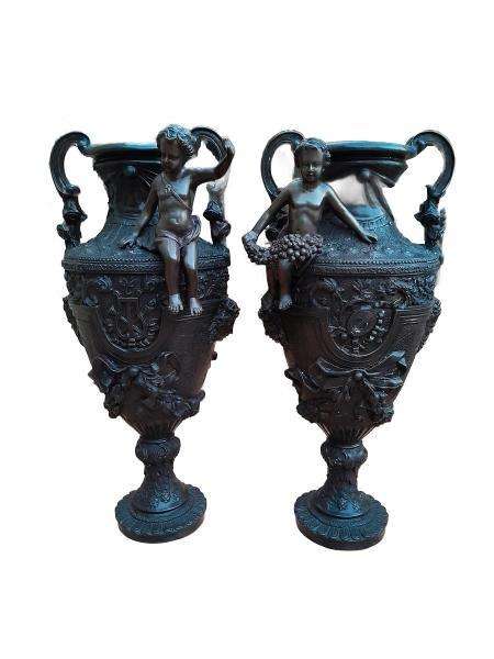 A 20th Century Extremely Large And Rare Pair Of Patinated Vases With Puti Detail Nd