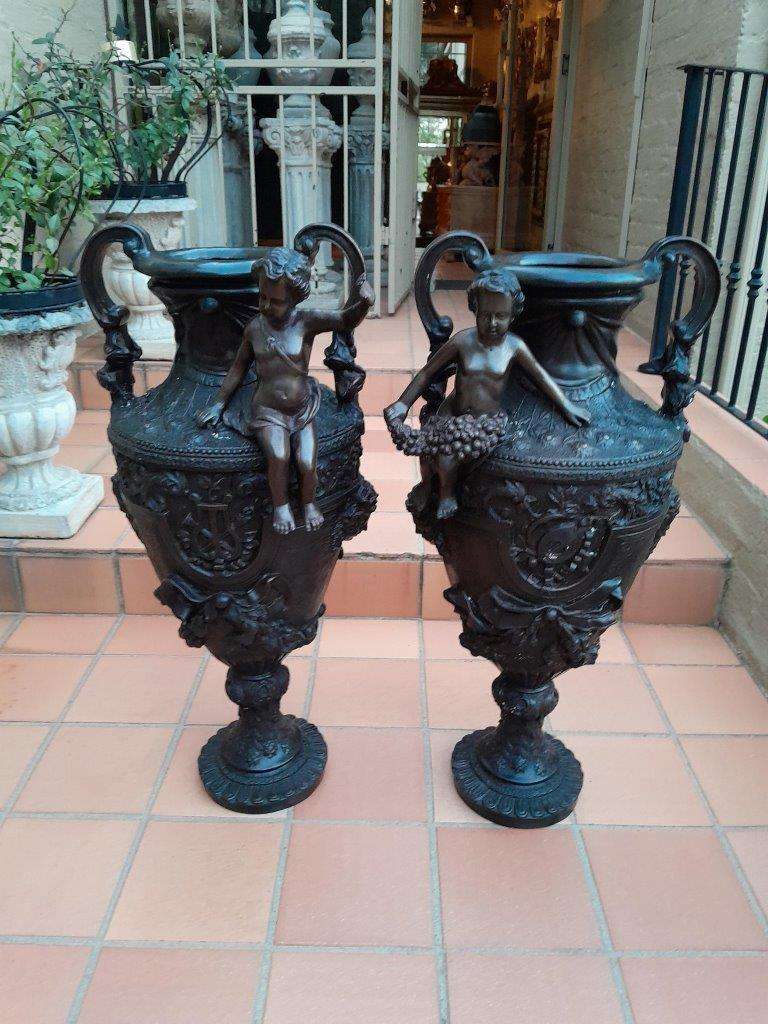A 20th Century Extremely Large And Rare Pair Of Patinated Vases With Puti Detail Nd