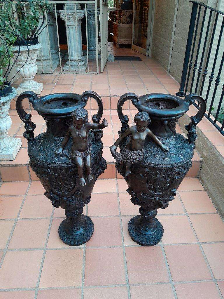 A 20th Century Extremely Large And Rare Pair Of Patinated Vases With Puti Detail Nd