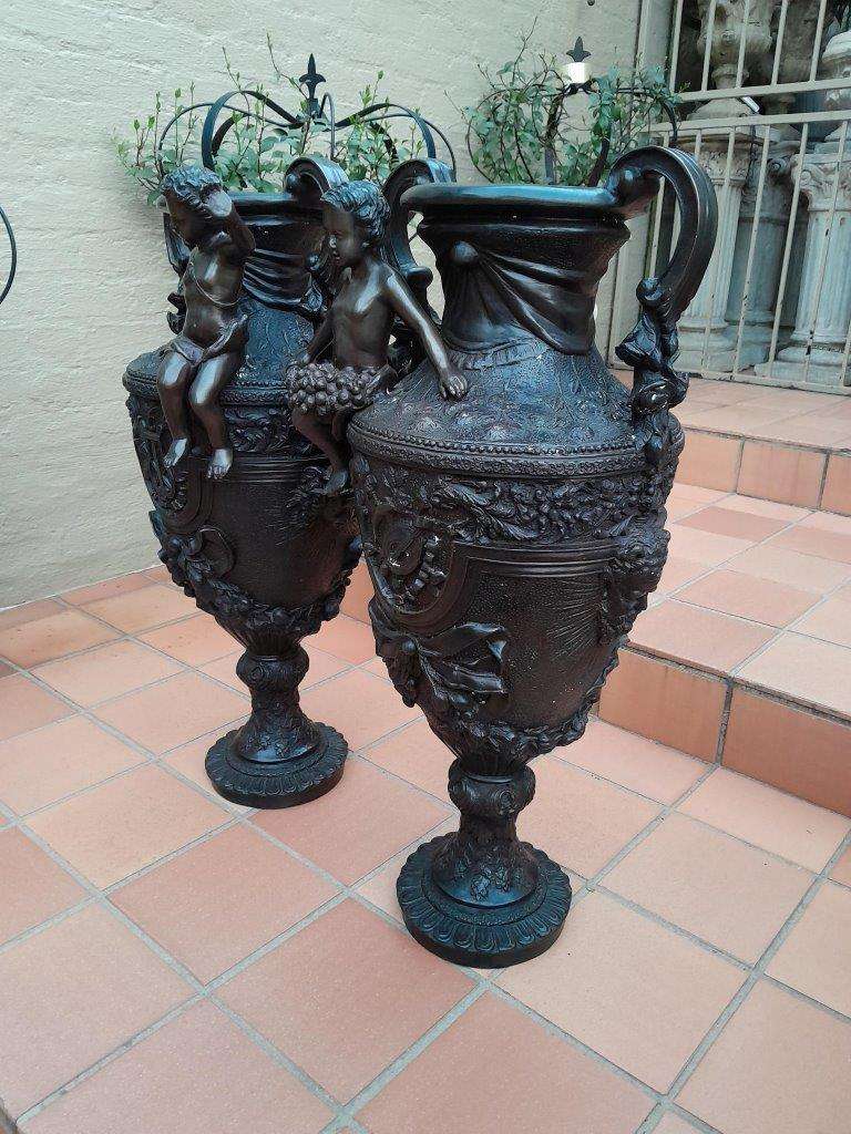 A 20th Century Extremely Large And Rare Pair Of Patinated Vases With Puti Detail Nd