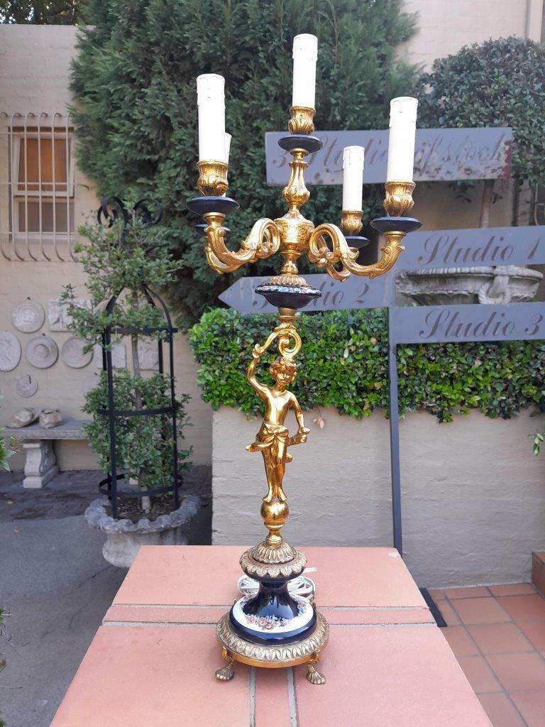 A  20th Century Louis Xvi Style Figural Brass With Blue Porcelain Table Lamp