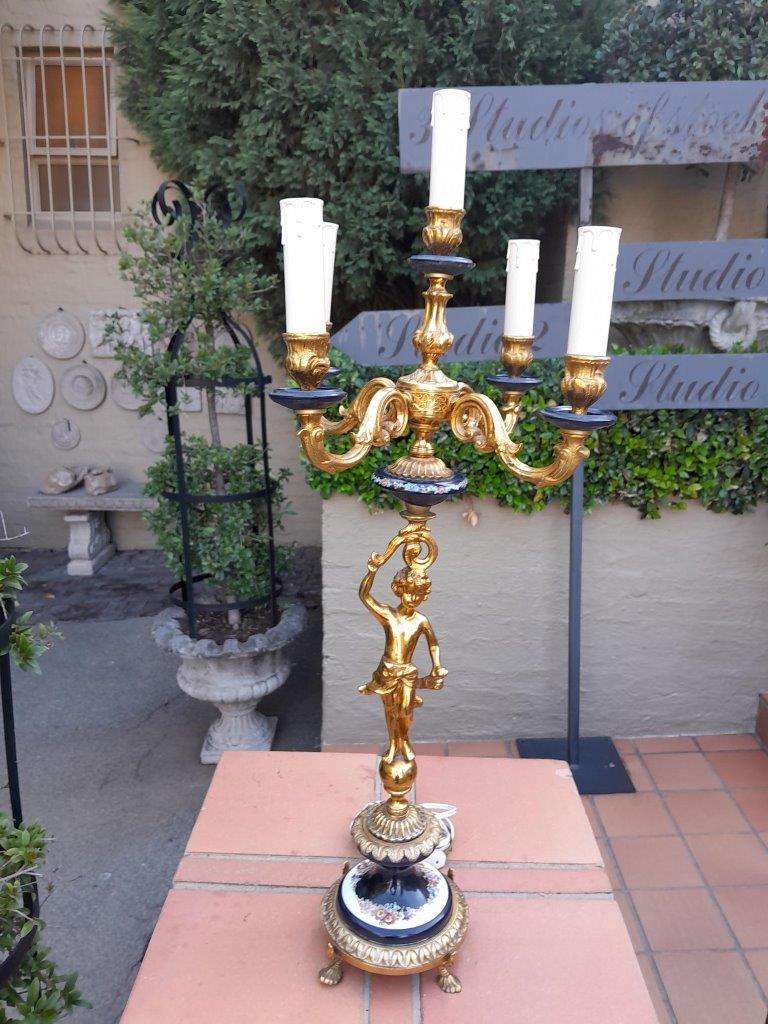 A  20th Century Louis Xvi Style Figural Brass With Blue Porcelain Table Lamp