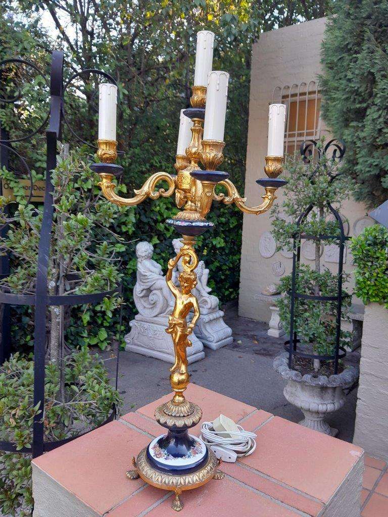 A  20th Century Louis Xvi Style Figural Brass With Blue Porcelain Table Lamp