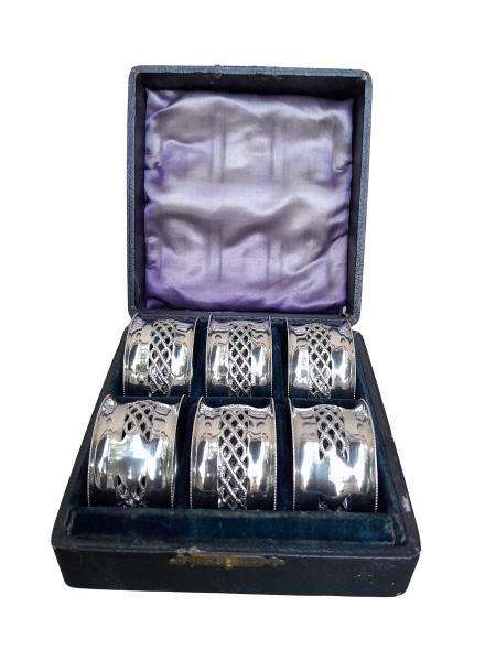 An Antique Circa Early 1900s English Set Of Six Silver Napkin / Serviette Rings In Original Box...