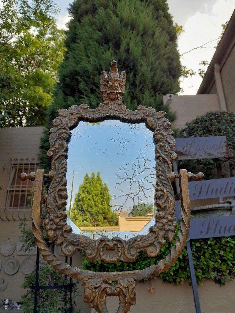 A Victorian Style Brass Bevelled Table Aged Mirror  In An Antique Gold Paint Finish