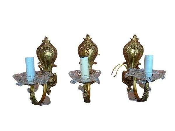 A Set Of Three French Style Brass Wall  Light Sconces With Crystals