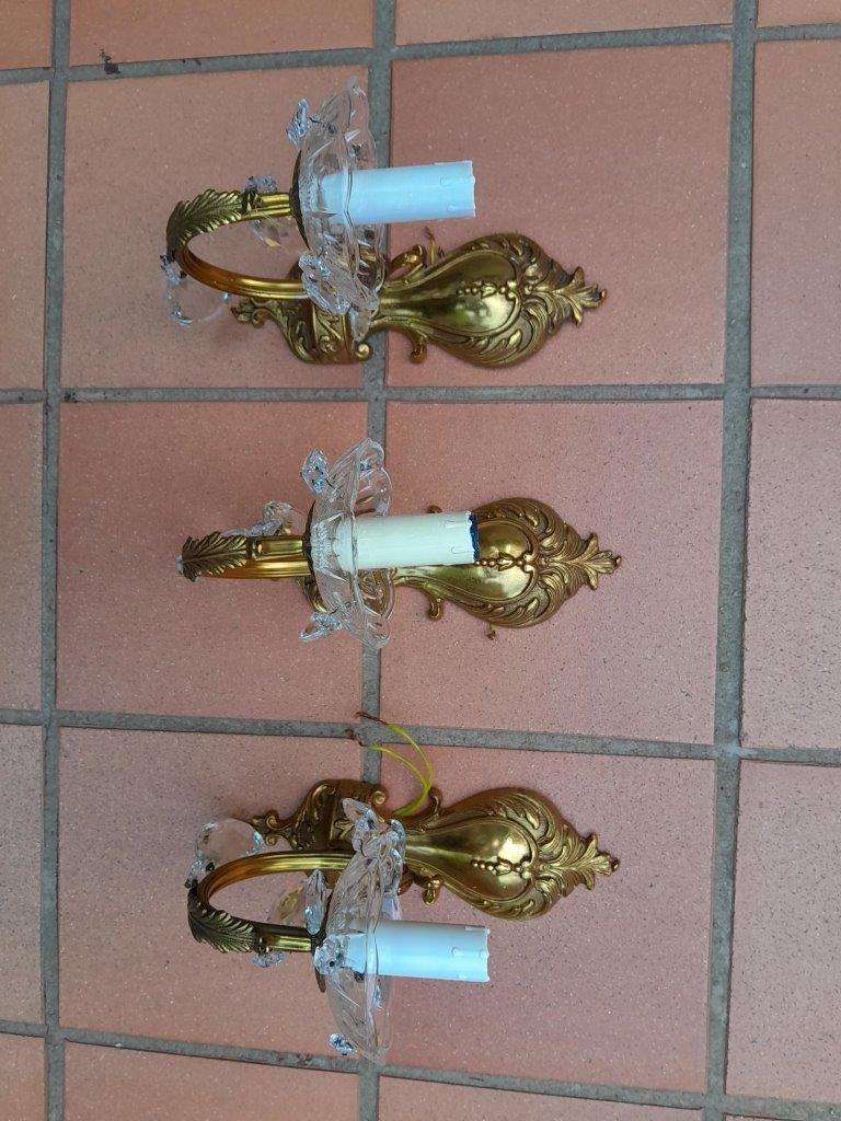 A Set Of Three French Style Brass Wall  Light Sconces With Crystals
