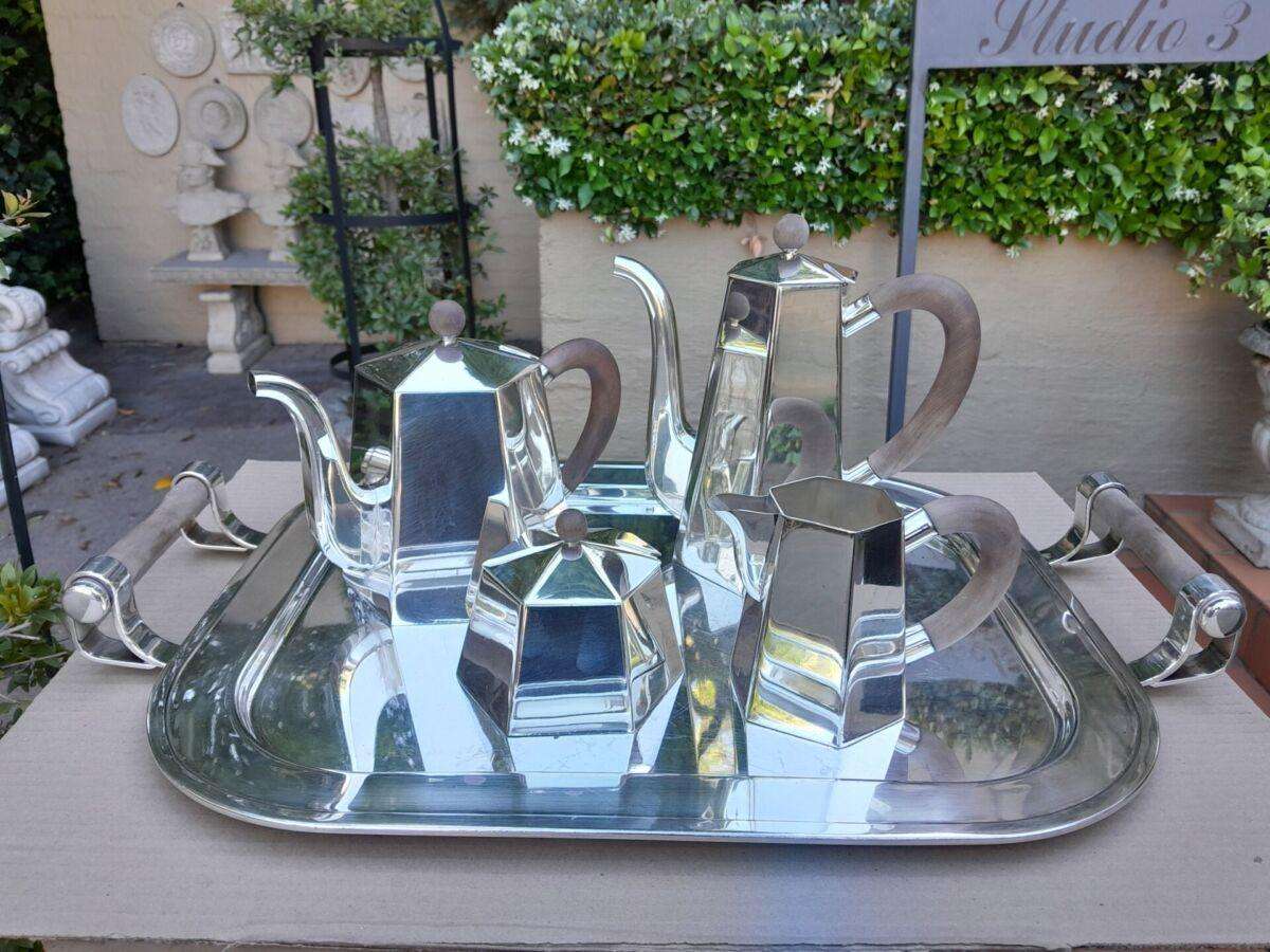 A Silver Plate Five Piece Tea / Coffee Set And Tray With Wooden Handles