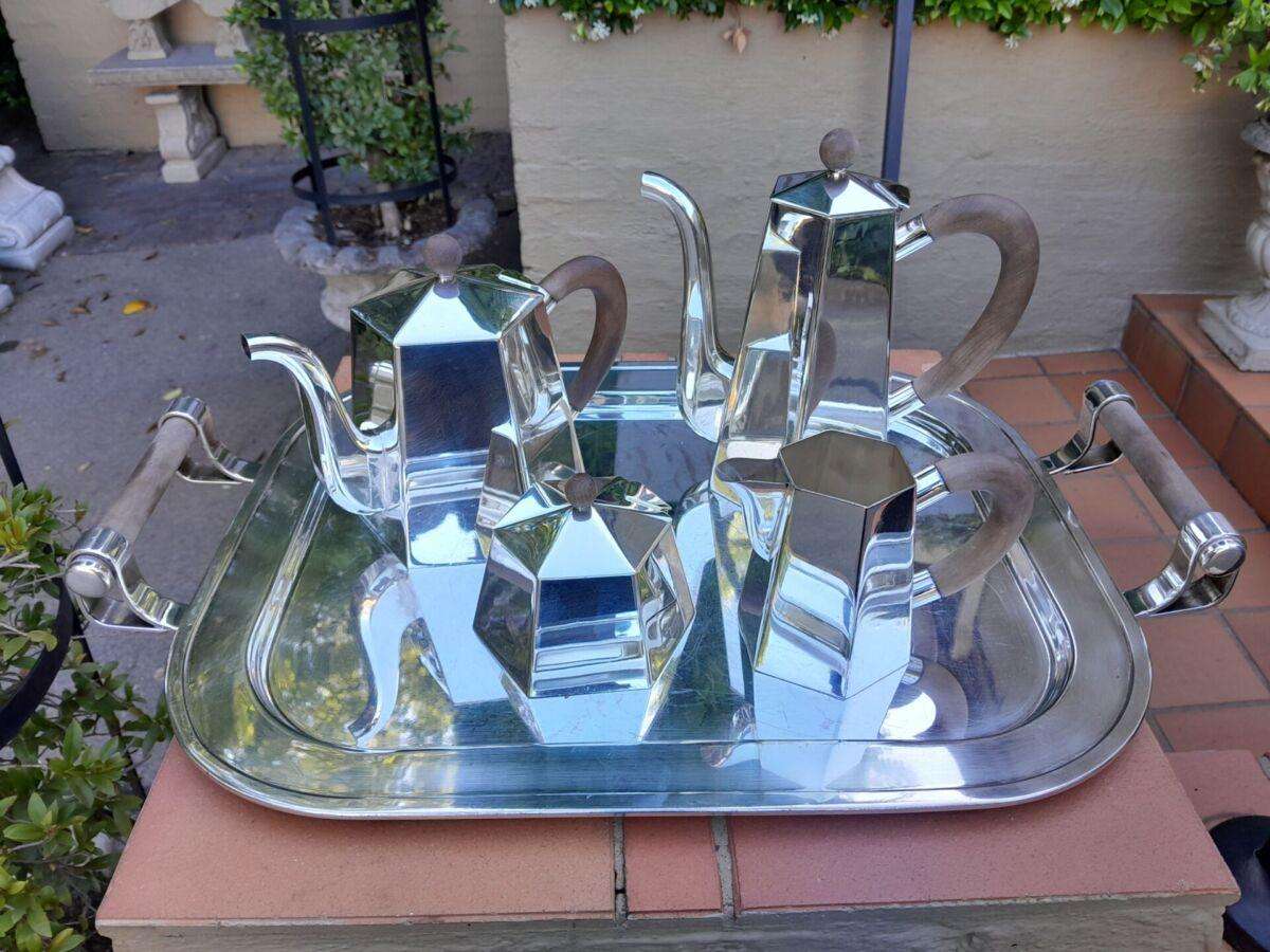 A Silver Plate Five Piece Tea / Coffee Set And Tray With Wooden Handles