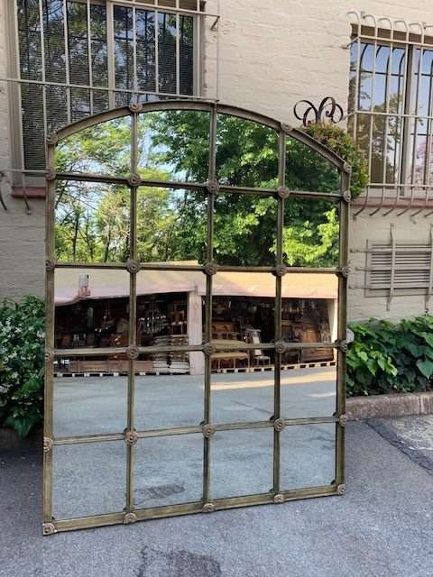 Wrought Iron Arched Window Pane Mirror in gold colour