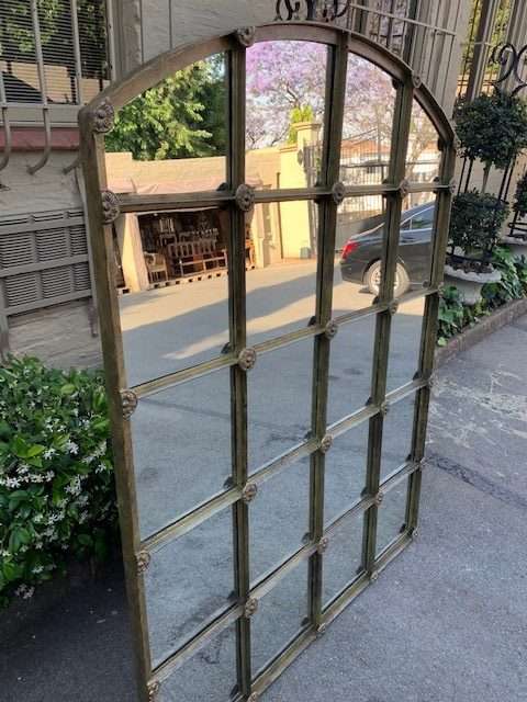 Wrought Iron Arched Window Pane Mirror in gold colour