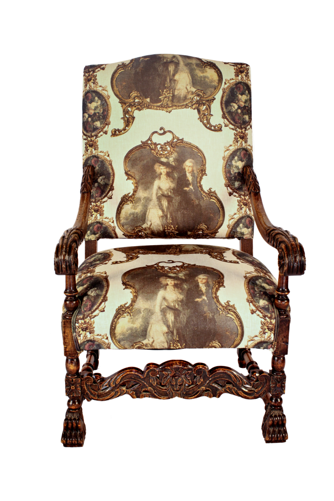 Continental Carved Oak Armchair  upholstered