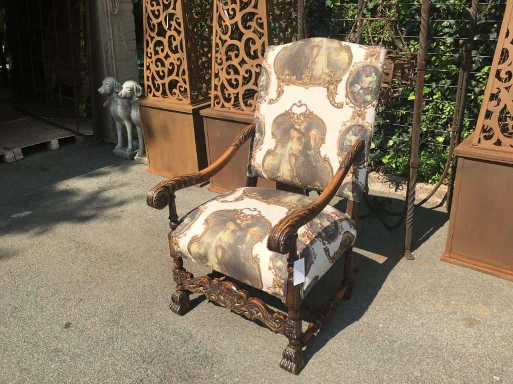 Continental Carved Oak Armchair  upholstered