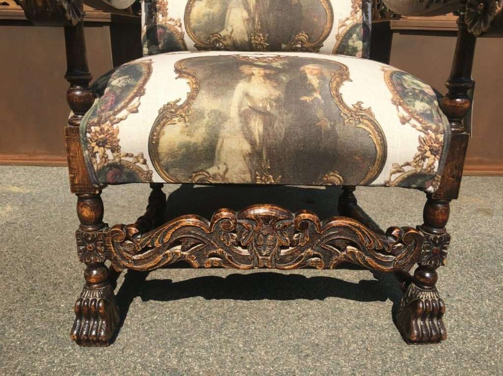 Continental Carved Oak Armchair  upholstered