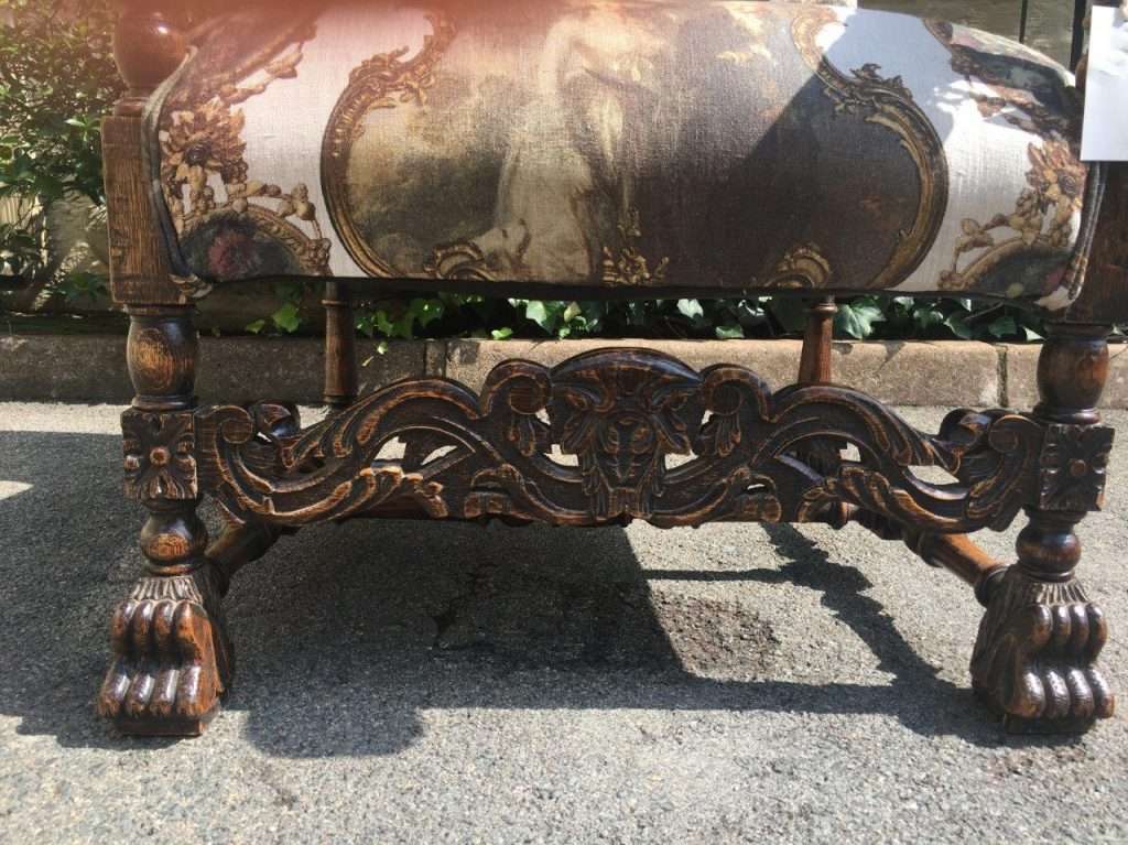 Continental Carved Oak Armchair  upholstered
