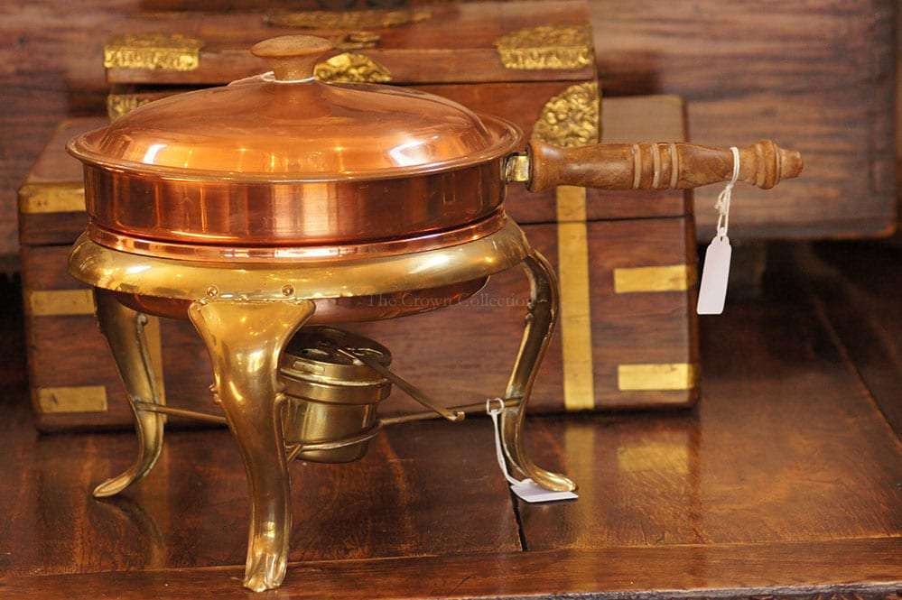 Large Copper Pan & Lid On Brass Burner & Stand (3 Pieces)