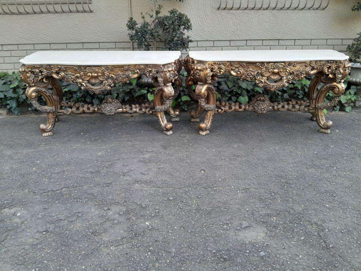 Pair Louis XVI style moulded and gilded Console / Hall Tables, with moulded serpentine fronted gr...