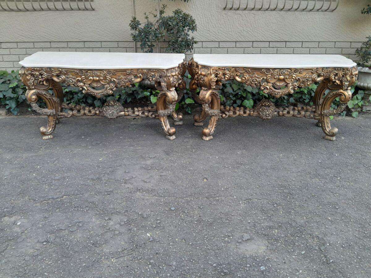 Pair Louis XVI style moulded and gilded Console / Hall Tables, with moulded serpentine fronted gr...