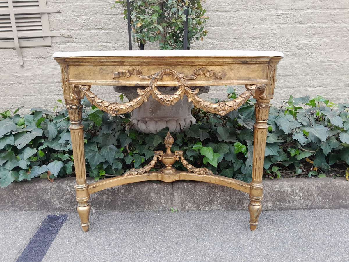 A 20th Century French Style Hand-Gilded Console Table with Marble Top ND